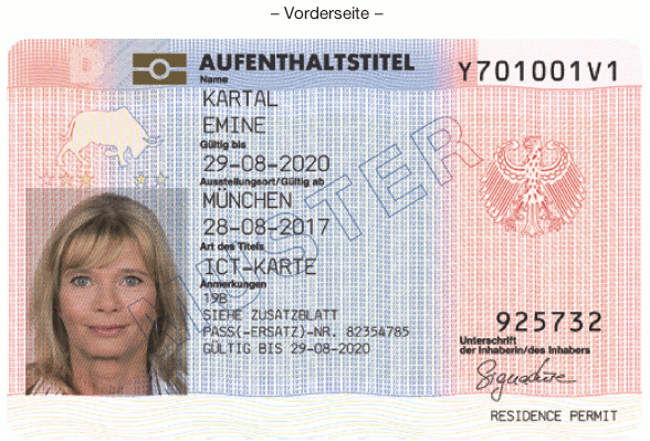 Muster „ICT-Karte", Vorderseite (BGBl. 2017 I S. 2652)