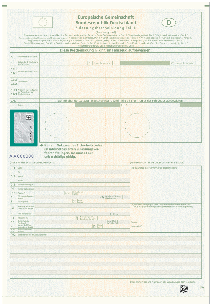 Abbildung der Zulassungsbescheinigung Teil II mit sichtbarer Markierung (BGBl. 2017 I S. 3095)