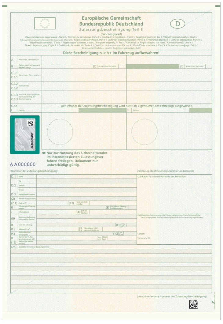 Abbildung der Zulassungsbescheinigung Teil II mit sichtbarer Markierung (BGBl. 2017 I S. 3095)