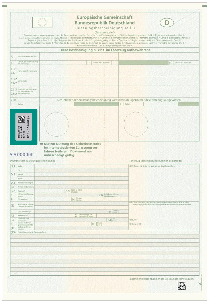 Abbildung der Zulassungsbescheinigung Teil II mit freigelegter Markierung (BGBl. 2017 I S. 3096)