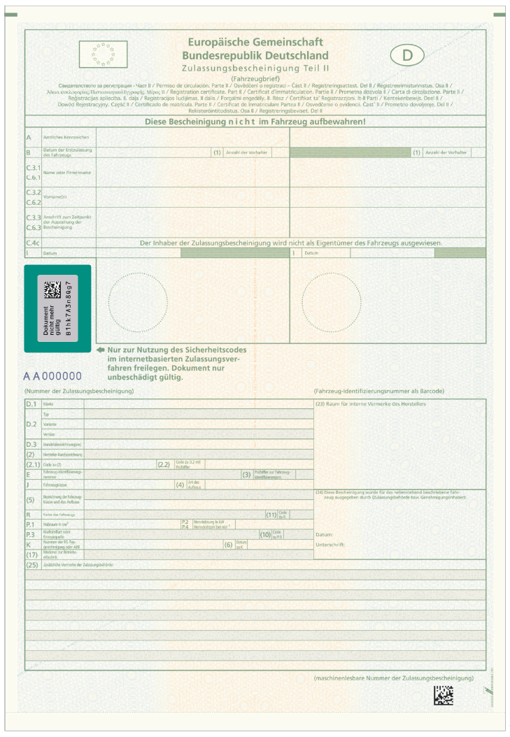 Abbildung der Zulassungsbescheinigung Teil II mit freigelegter Markierung (BGBl. 2017 I S. 3096)