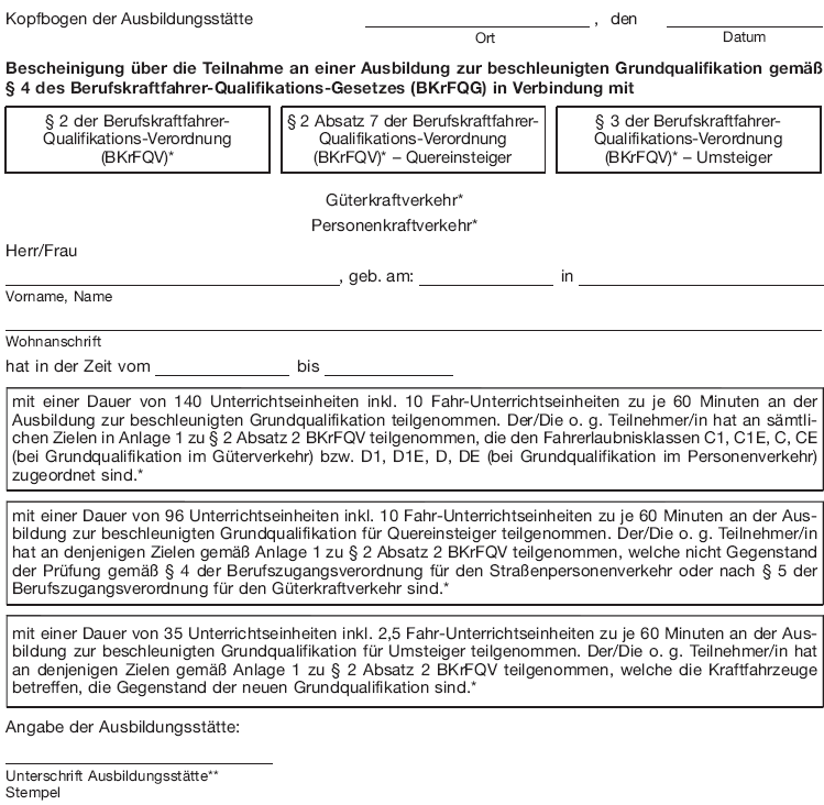 Musterbescheinigung über die Teilnahme an einer Ausbildung zur beschleunigten Grundqualifikation (BGBl. 2017 I S. 3241)