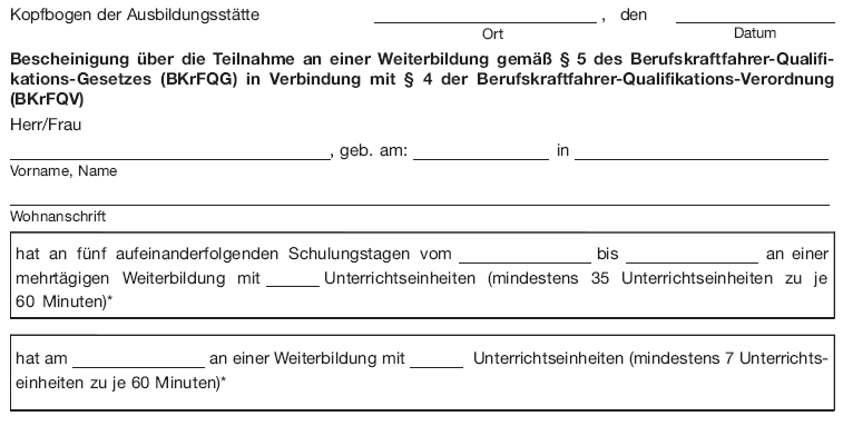 Musterbescheinigung über die Teilnahme an einer Weiterbildung, Seite 1 (BGBl. 2017 I S. 3242)