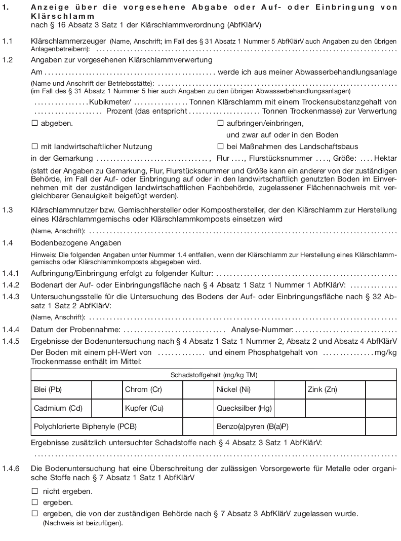 Anzeige über die vorgesehene Abgabe oder Auf- oder Einbringung von Klärschlamm, Seite 1 (BGBl. 2017 I S. 3491)