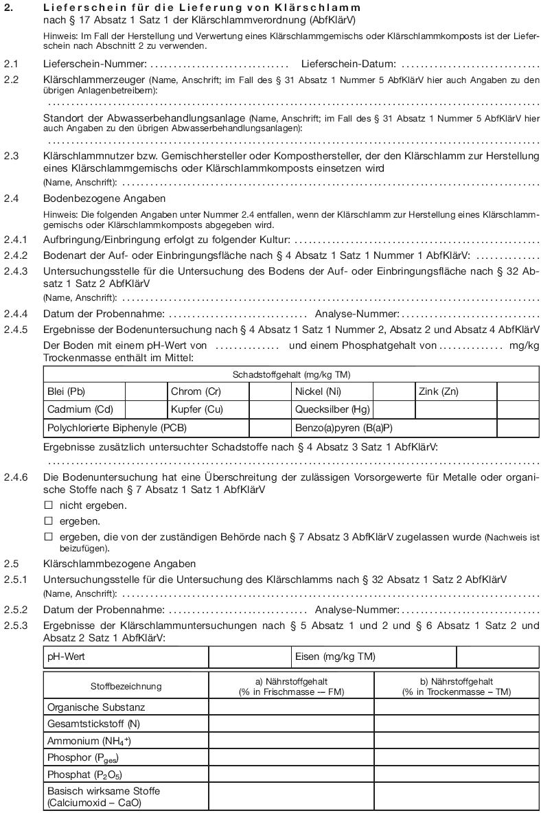 Lieferschein für die Lieferung von Klärschlamm, Seite 1 (BGBl. 2017 I S. 3494)