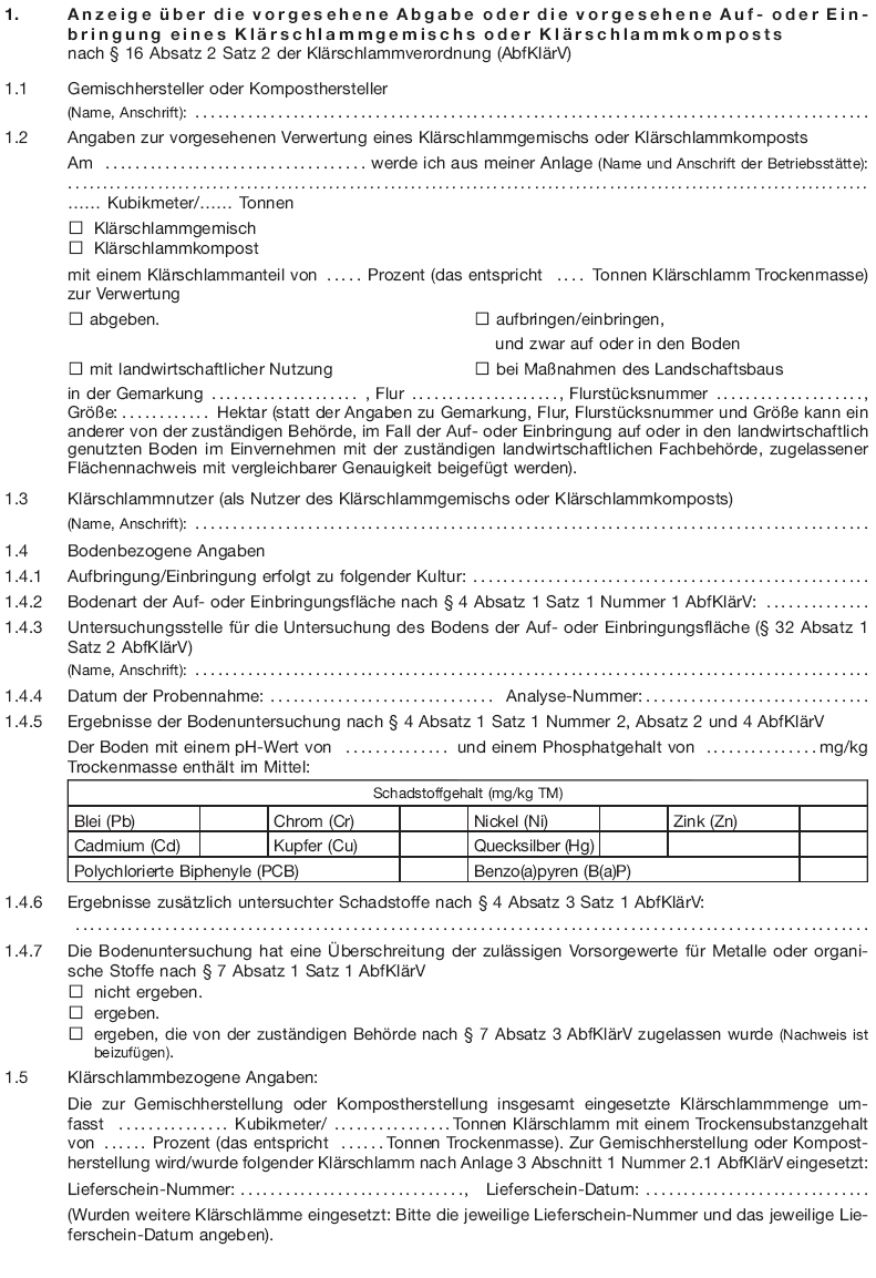 Anzeige über die vorgesehene Abgabe oder die vorgesehene Auf- oder Einbringung eines Klärschlammgemischs oder Klärschlammkomposts, Seite 1 (BGBl. 2017 I S. 3497)