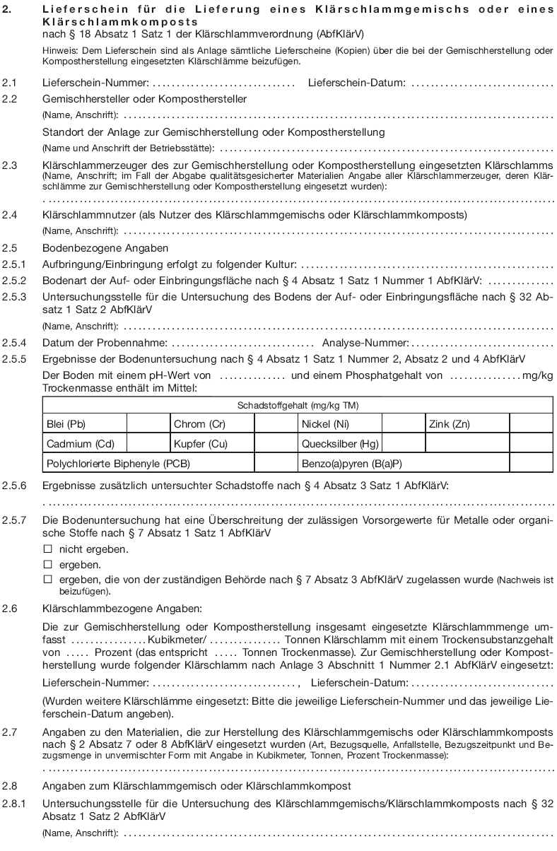 Lieferschein für die Lieferung eines Klärschlammgemischs oder eines Klärschlammkomposts, Seite 1 (BGBl. 2017 I S. 3500)