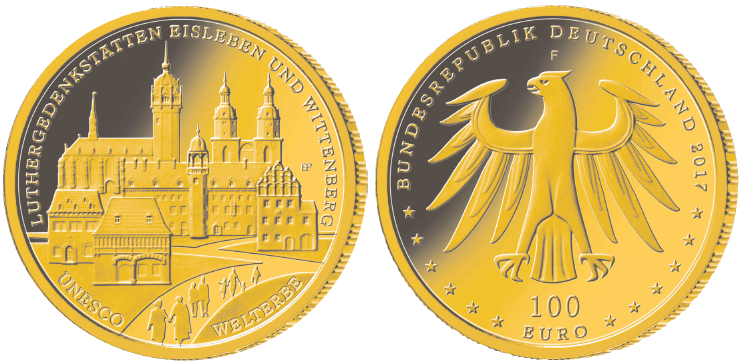 Abb. Bild- und Wertseite Goldmünze "UNESCO Welterbe - Luthergedenkstätten Eisleben und Wittenberg" (BGBl. 2017 I S. 3627)