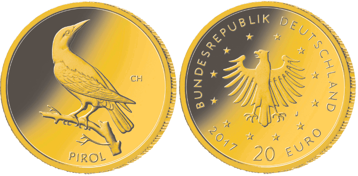 Abb. Bild- und Wertseite Goldmünze "Pirol" der Serie "Heimische Vögel" (BGBl. 2017 I S. 3628)