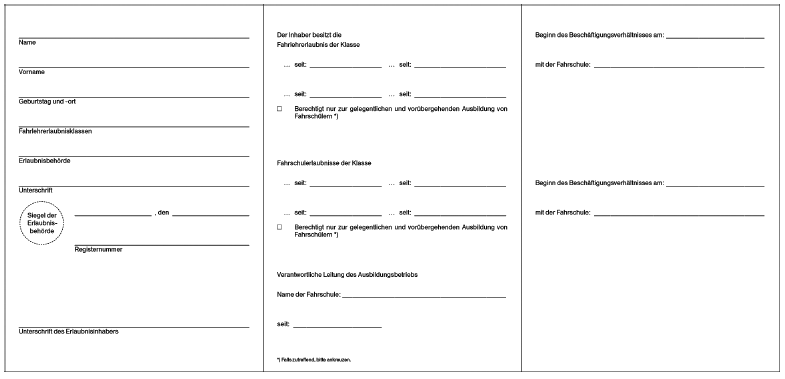 Muster Fahrlehrerschein Fahrlehrer Rückseite (BGBl. 2018 I S. 10)