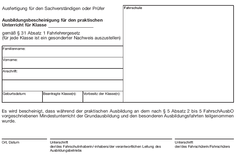 Muster Ausbildungsbescheinigung für den praktischen Unterricht (BGBl. 2018 I S. 13)