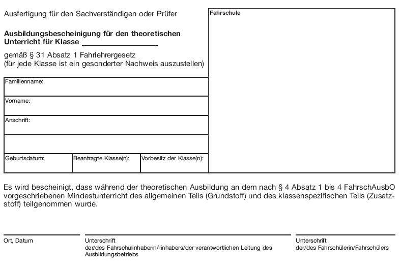 Muster Ausbildungsbescheinigung für den theoretischen Unterricht (BGBl. 2018 I S. 13)