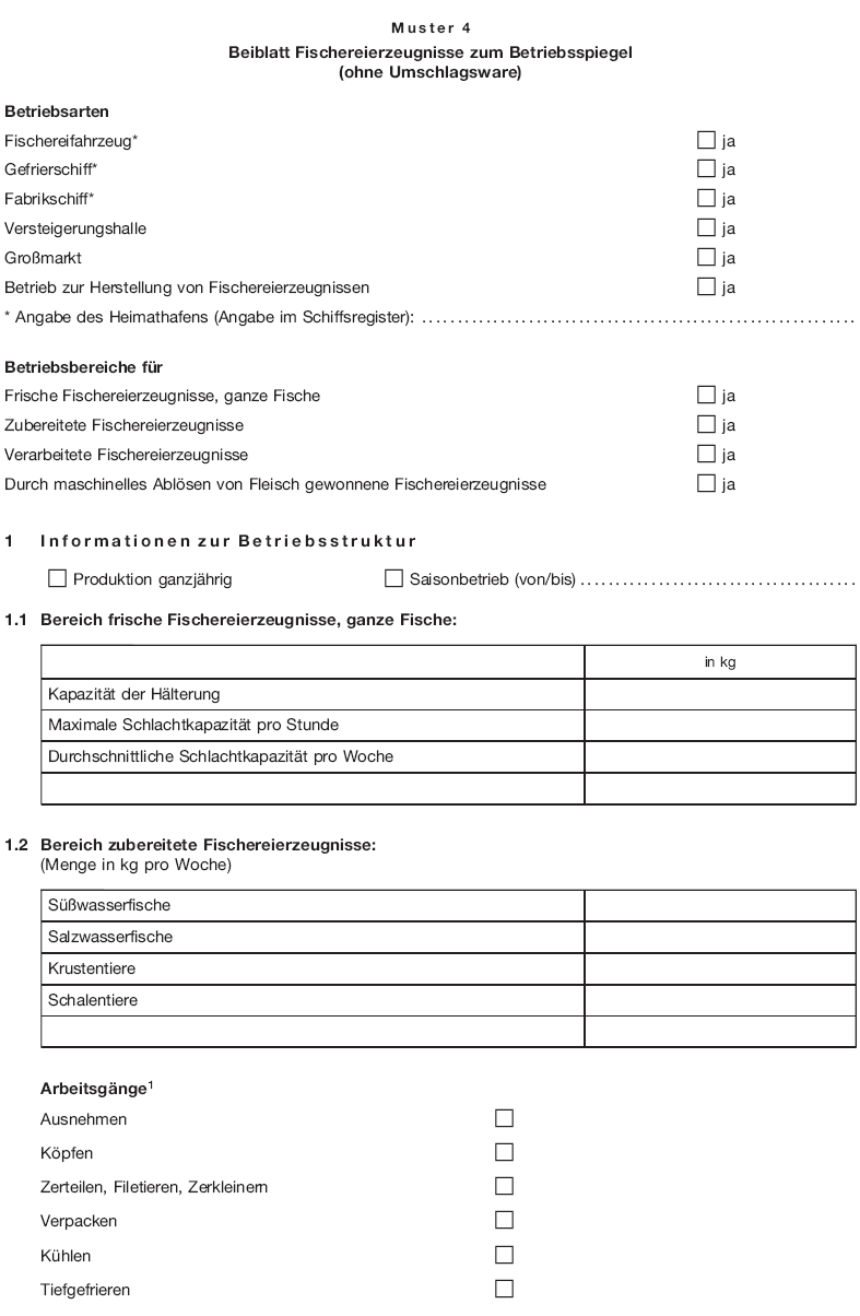 Muster 4 Beiblatt Fischereierzeugnisse zum Betriebsspiegel<br />(ohne Umschlagsware), Seite 1 (BGBl. 2018 I S. 506)