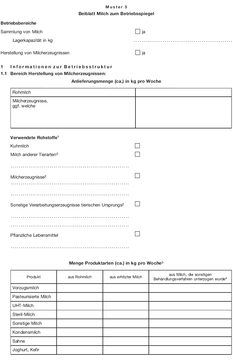 Muster 5 Beiblatt Milch zum Betriebsspiegel, Seite 1 (BGBl. 2018 I S. 508)