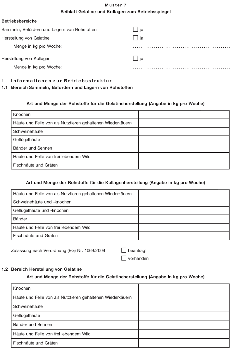 Muster 7 Beiblatt Gelatine und Kollagen zum Betriebsspiegel, Seite 1 (BGBl. 2018 I S. 511)