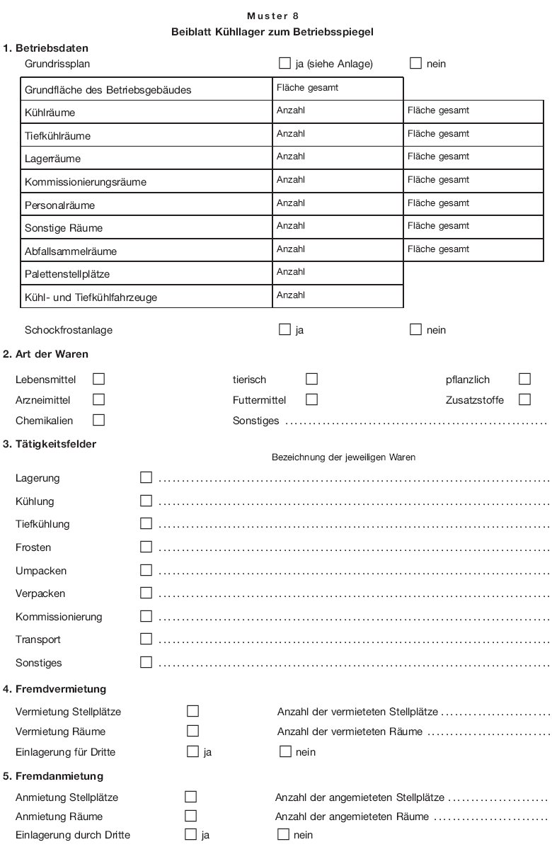 Muster 8 Beiblatt Kühllager zum Betriebsspiegel, Seite 1 (BGBl. 2018 I S. 513)