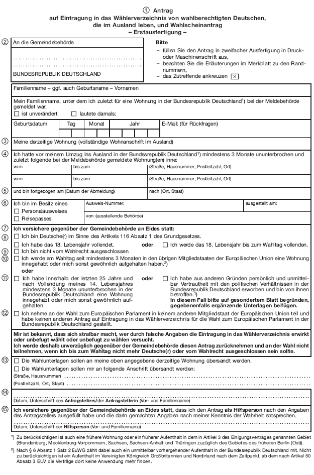 Antrag auf Eintragung in das Wählerverzeichnis von wahlberechtigten Deutschen, die im Ausland leben, und Wahlscheinantrag (BGBl. 2018 I S. 580)