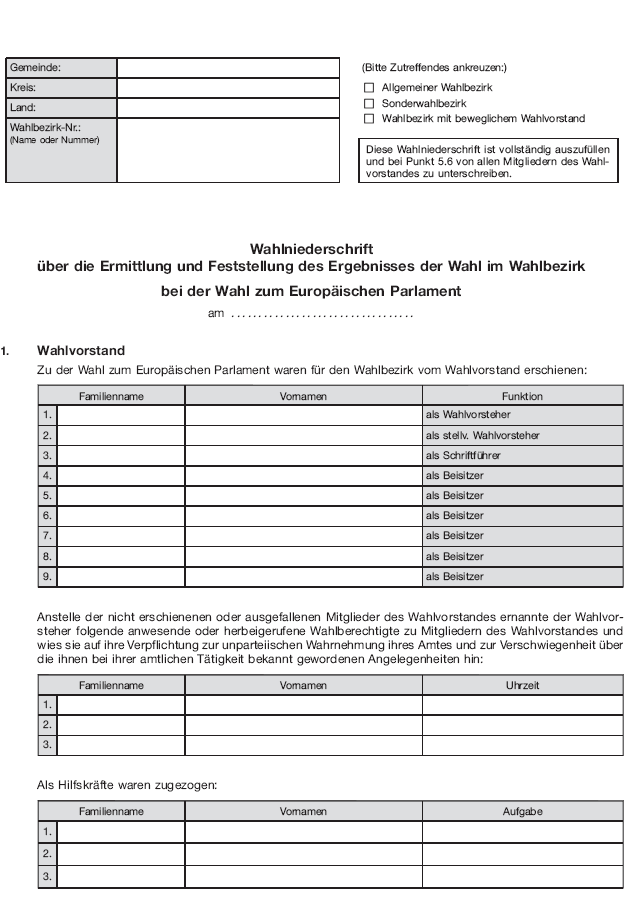 Wahlniederschrift über die Ermittlung und Feststellung des Ergebnisses der Wahl im Wahlbezirk bei der Wahl zum Europäischen Parlament, Seite 1 (BGBl. 2018 I S. 594)