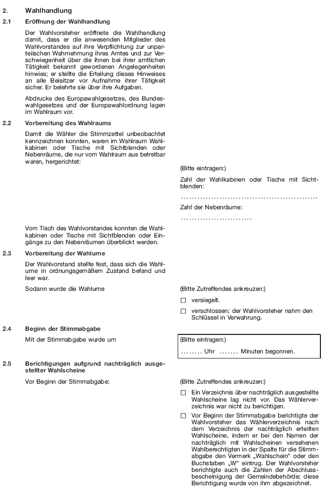 Wahlniederschrift über die Ermittlung und Feststellung des Ergebnisses der Wahl im Wahlbezirk bei der Wahl zum Europäischen Parlament, Seite 2 (BGBl. 2018 I S. 595)