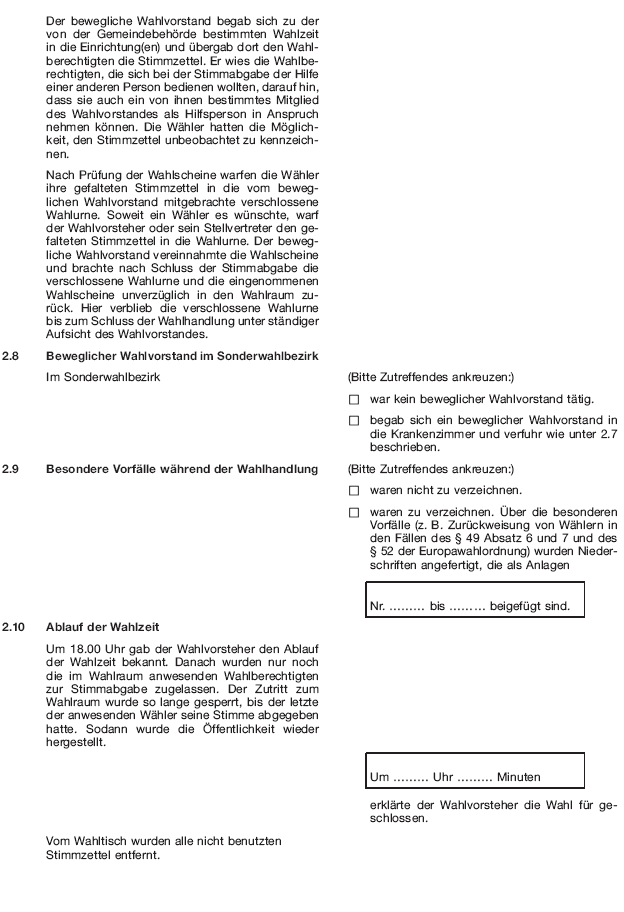 Wahlniederschrift über die Ermittlung und Feststellung des Ergebnisses der Wahl im Wahlbezirk bei der Wahl zum Europäischen Parlament, Seite 4 (BGBl. 2018 I S. 597)