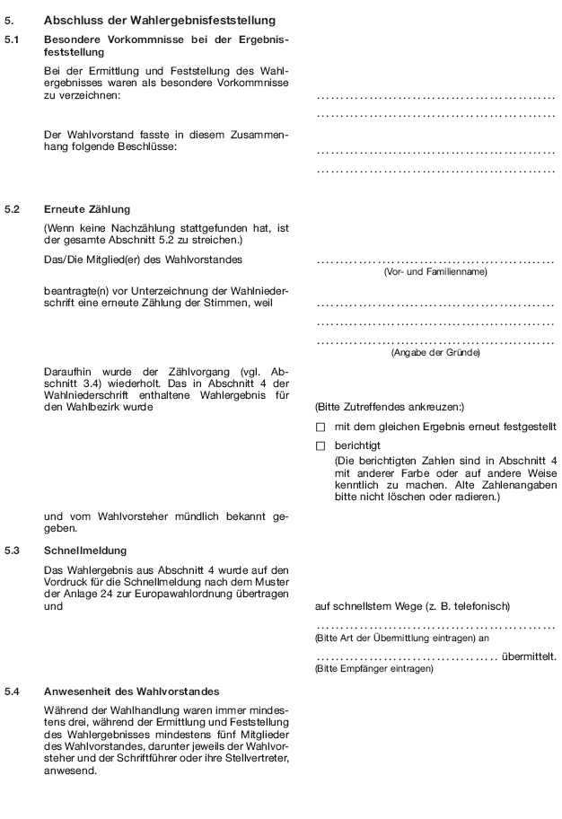 Wahlniederschrift über die Ermittlung und Feststellung des Ergebnisses der Wahl im Wahlbezirk bei der Wahl zum Europäischen Parlament, Seite 10 (BGBl. 2018 I S. 603)