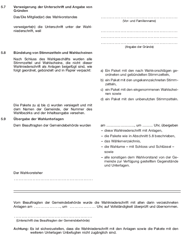 Wahlniederschrift über die Ermittlung und Feststellung des Ergebnisses der Wahl im Wahlbezirk bei der Wahl zum Europäischen Parlament, Seite 12 (BGBl. 2018 I S. 605)