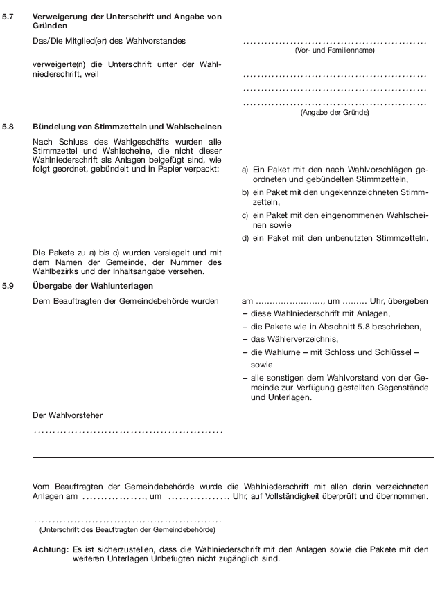 Wahlniederschrift über die Ermittlung und Feststellung des Ergebnisses der Wahl im Wahlbezirk bei der Wahl zum Europäischen Parlament, Seite 12 (BGBl. 2018 I S. 605)