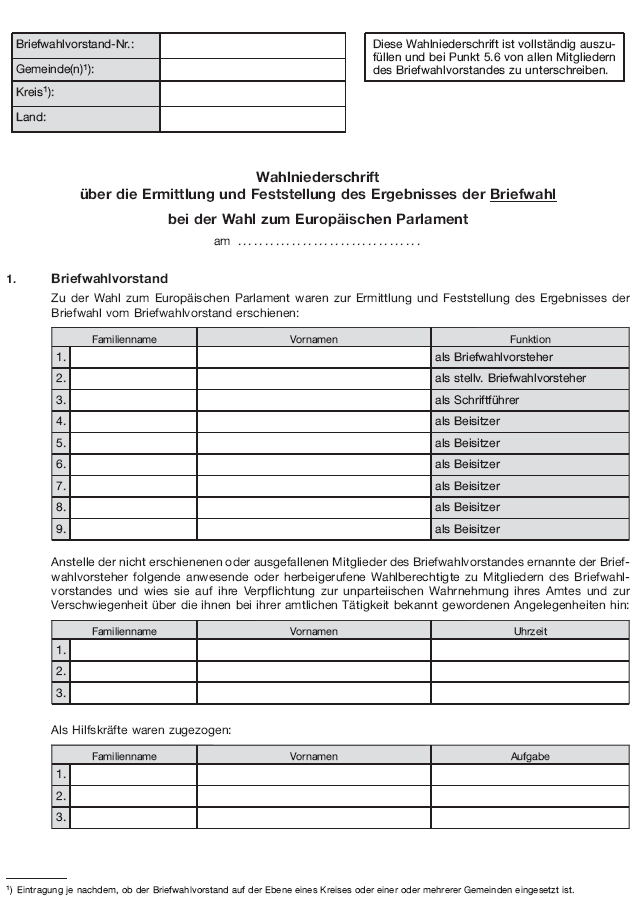 Wahlniederschrift über die Ermittlung und Feststellung des Ergebnisses der Briefwahl bei der Wahl zum Europäischen Parlament, Seite 1 (BGBl. 2018 I S. 606)