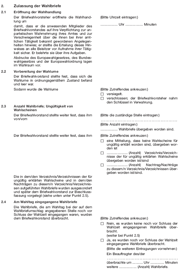 Wahlniederschrift über die Ermittlung und Feststellung des Ergebnisses der Briefwahl bei der Wahl zum Europäischen Parlament, Seite 2 (BGBl. 2018 I S. 607)