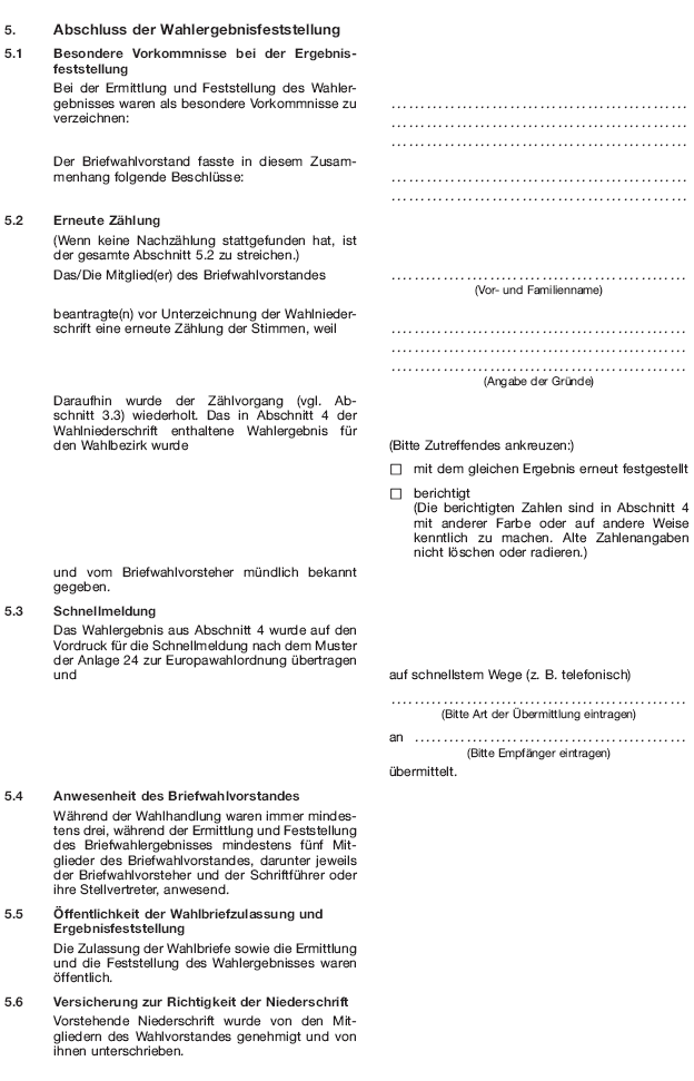 Wahlniederschrift über die Ermittlung und Feststellung des Ergebnisses der Briefwahl bei der Wahl zum Europäischen Parlament, Seite 8 (BGBl. 2018 I S. 613)