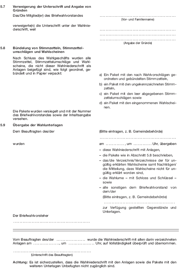 Wahlniederschrift über die Ermittlung und Feststellung des Ergebnisses der Briefwahl bei der Wahl zum Europäischen Parlament, Seite 10 (BGBl. 2018 I S. 615)