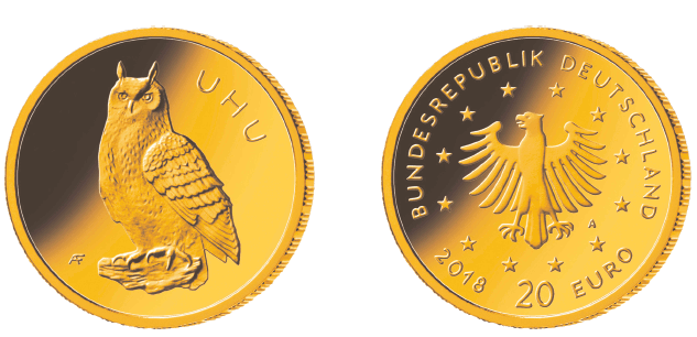 Bild- und Wertseite Goldmünze "Uhu" der Serie "Heimische Vögel" (BGBl. 2018 I S. 1210)