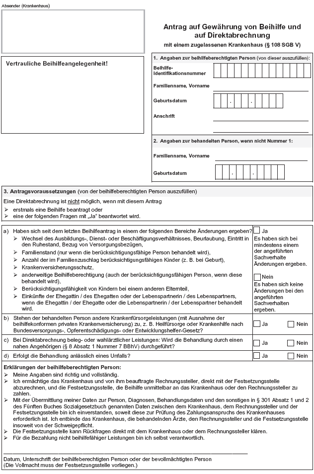 Antrag auf Gewährung von Beihilfe und auf Direktabrechnung, Seite 1 (BGBl. 2018 I S. 1261)