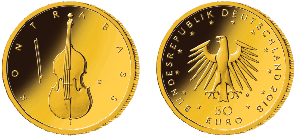 Abb. Bild- und Wertseite Goldmünze "Kontrabass" (BGBl. 2018 I S. 1322)