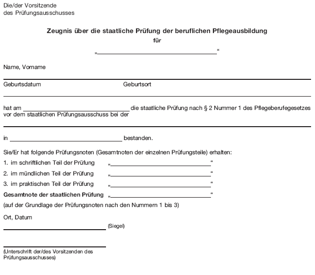 Zeugnis über die staatliche Prüfung der beruflichen Pflegeausbildung (BGBl. 2018 I S. 1615)