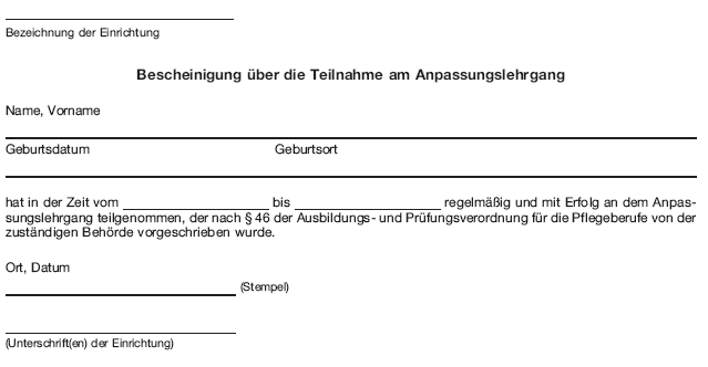 Bescheinigung über die Teilnahme am Anpassungslehrgang (BGBl. 2018 I S. 1618)