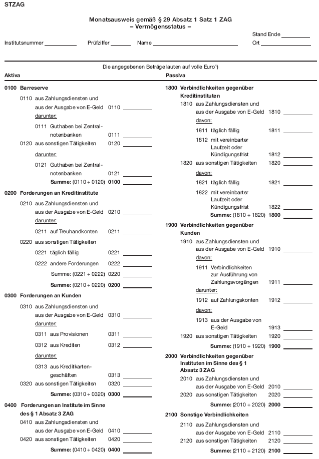 Formular STZAG Monatsausweis - Vermögensstatus -, Seite 1 (BGBl. 2018 S. 2456)