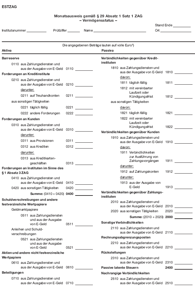 ESTZAG Monatsausweis - Vermögensstatus -, Seite 1 (BGBl. 2018 S. 2464)