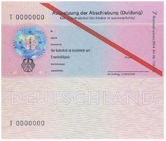 Muster für das Klebeetikett 'Bescheinigung über die Aussetzung der Abschiebung (Duldung)' (BGBl. 2019 I S. 11)