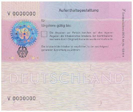 Muster für das Klebeetikett „Bescheinigung über die Aufenthaltsgestattung" (BGBl. 2019 I S. 13)