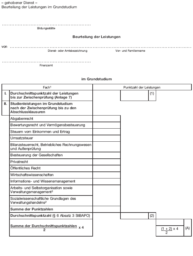 Muster Beurteilung der Leistungen im Grundstudium, Seite 1 (BGBl. 2019 I S. 174)