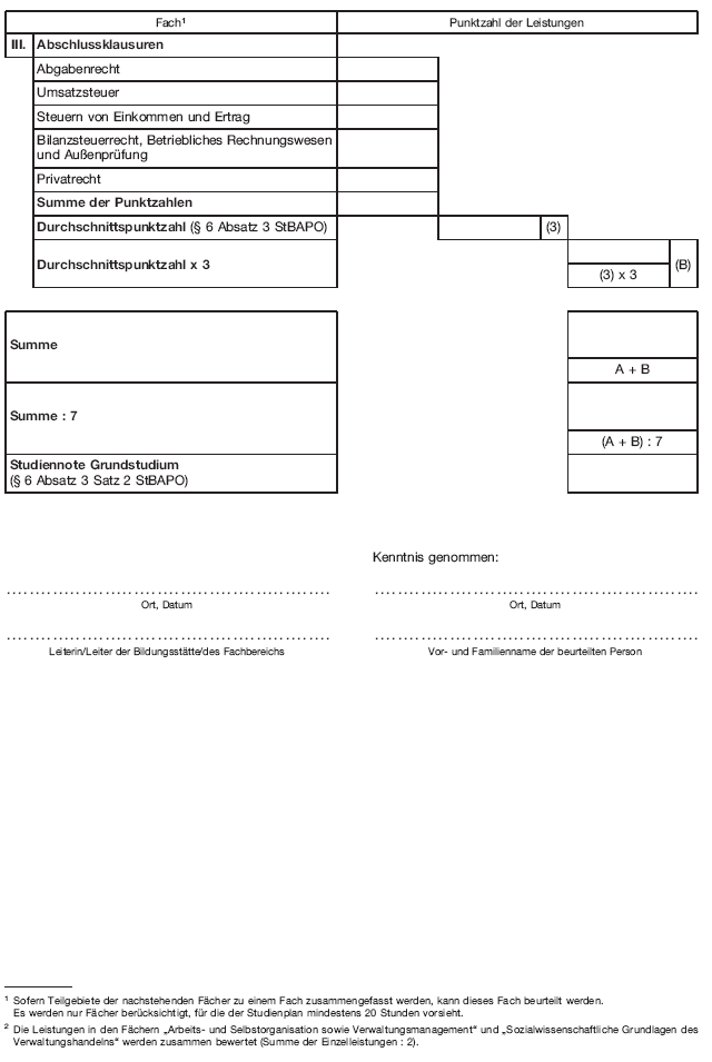 Muster Beurteilung der Leistungen im Grundstudium, Seite 2 (BGBl. 2019 I S. 175)