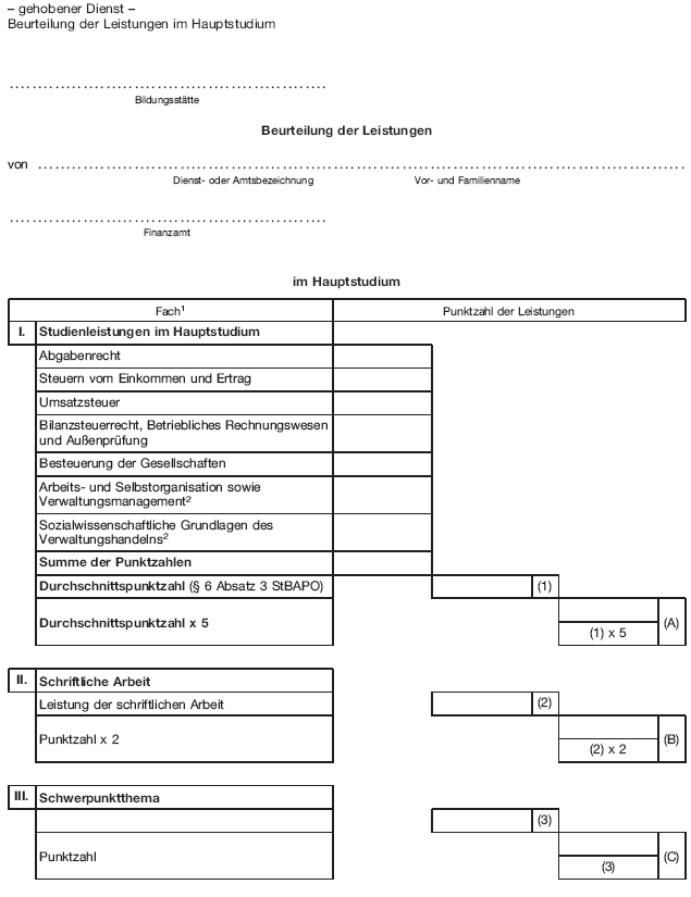 Muster Beurteilung der Leistungen im Hauptstudium, Seite 1 (BGBl. 2019 I S. 176)