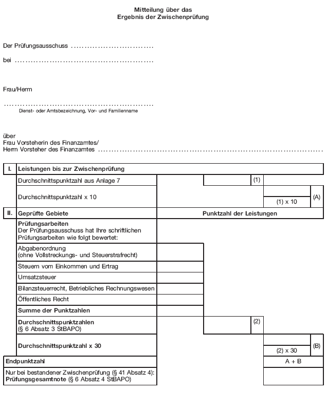 Mitteilung über das Ergebnis der Zwischenprüfung, Seite 1 (BGBl. 2019 I S. 180)