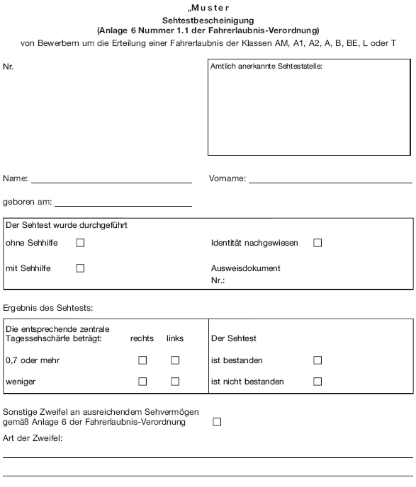 Muster Sehtestbescheinigung, Seite 1 (BGBl. 2019 I S. 220)