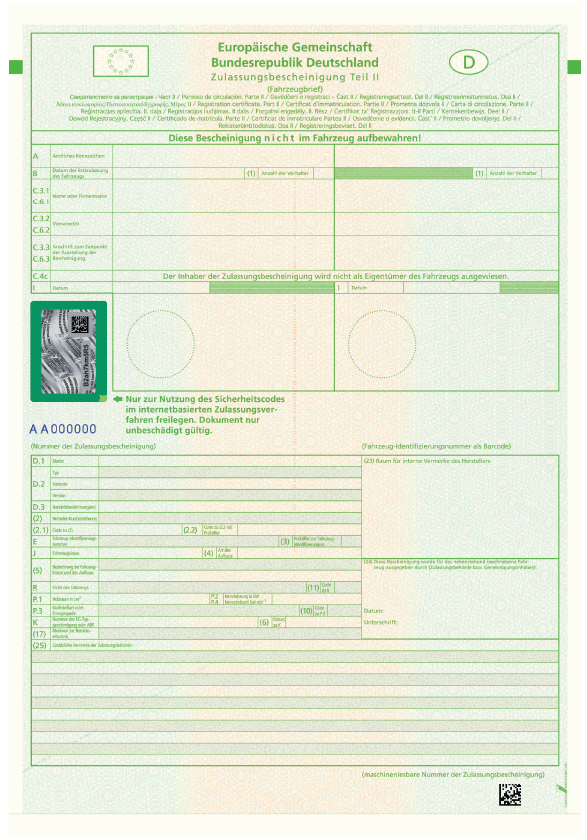 Muster Zulassungsbescheinigung Teil II mit sichtbarer Markierung (BGBl. 2019 I S. 394)