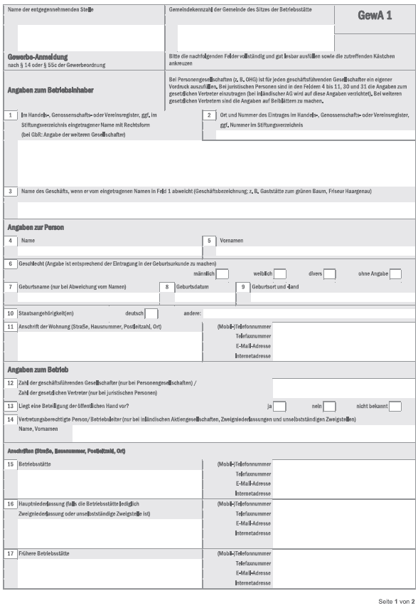 Gewerbe-Anmeldung, Seite 1 (BGBl. 2019 I S. 918)