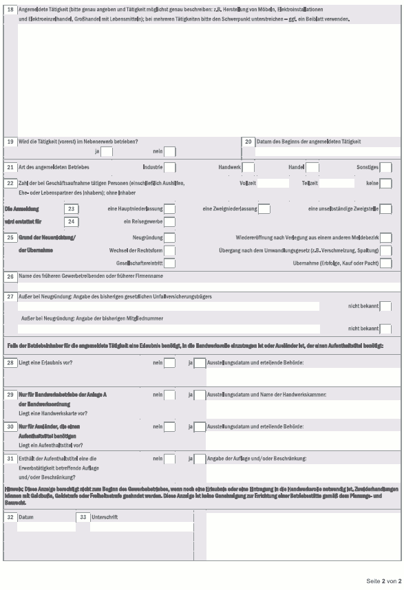 Gewerbe-Anmeldung, Seite 2 (BGBl. 2019 I S. 919)