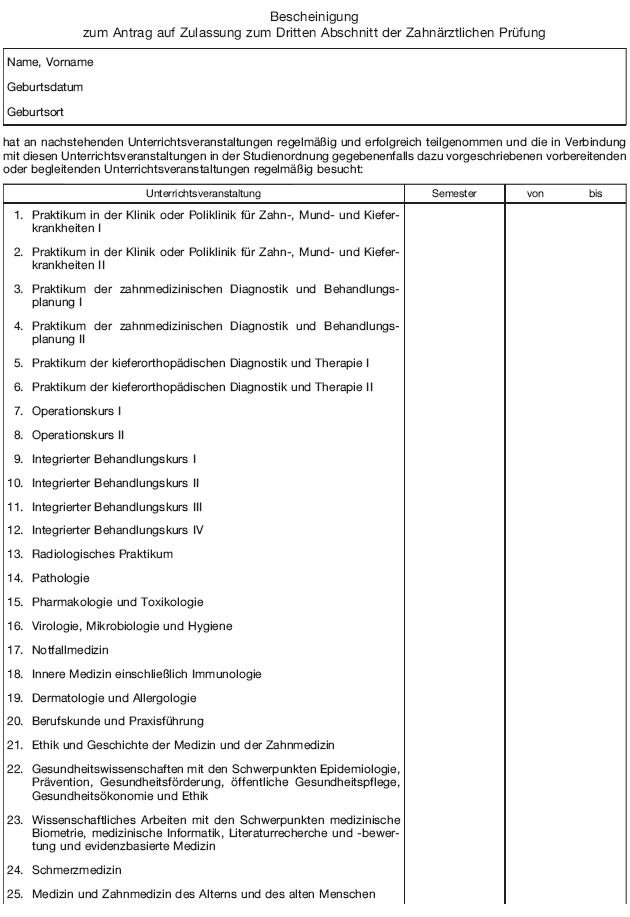 Bescheinigung zum Antrag auf Zulassung zum Dritten Abschnitt der Zahnärztlichen Prüfung (BGBl. 2019 I S. 972)