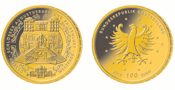 Abb. Bild- und Wertseite Münze "UNESCO Welterbe - Schlösser Augustusburg und Falkenlust in Brühl" (BGBl. 2019 I S. 1378)